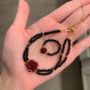 Elegant Black and Red Rose Jewelry Set